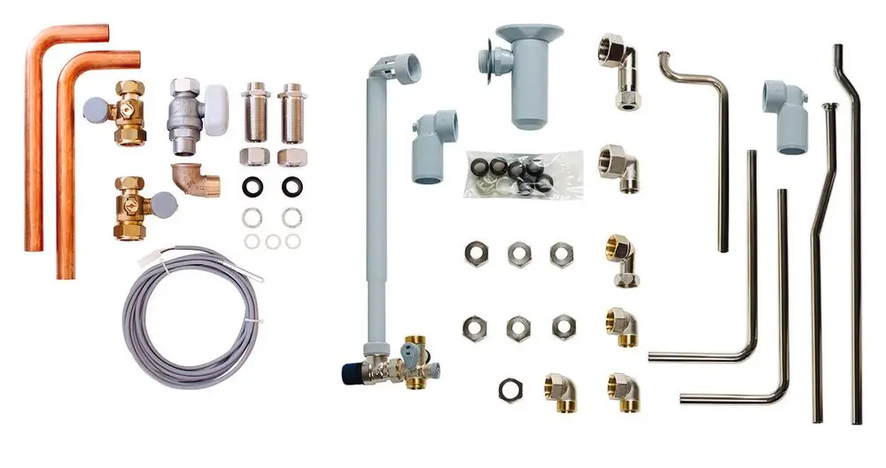 Vaillant Montageset mit verschiedenen Rohrleitungen, Ventilen, Anschlüssen und Zubehörteilen für Heizungsanwendungen, übersichtlich angeordnet auf hellem Hintergrund.